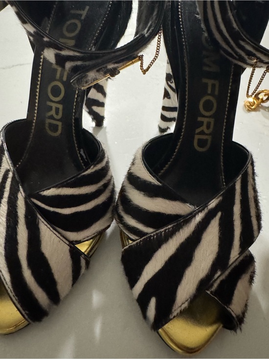 Tom Ford Shoes - Tom Ford Zebra-Print Open-Toe Ankle-Strap Heels with Gold Accents